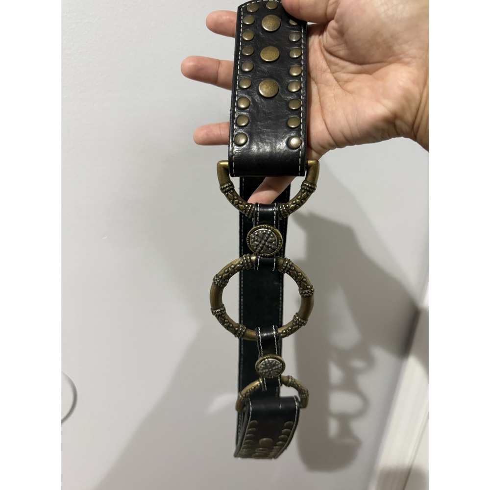 VTG Black Leather Belt Gold Brass Rings‎ Snap Closure Western Hobo Boho 42" M/L